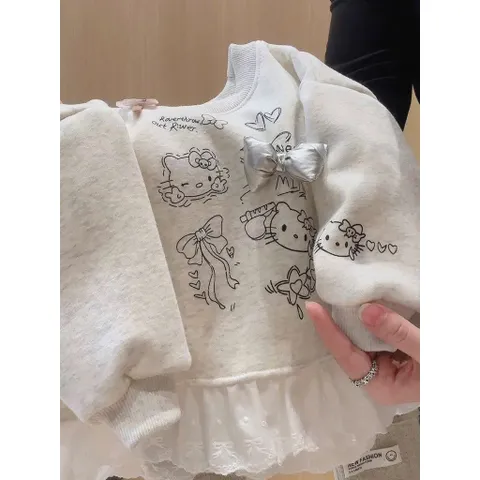 Quần áo thu đông bé gái, Set bộ áo nỉ 2 da phối ren nổi kèm quần legging phong cách Hàn Quốc cho bé 9–26kg