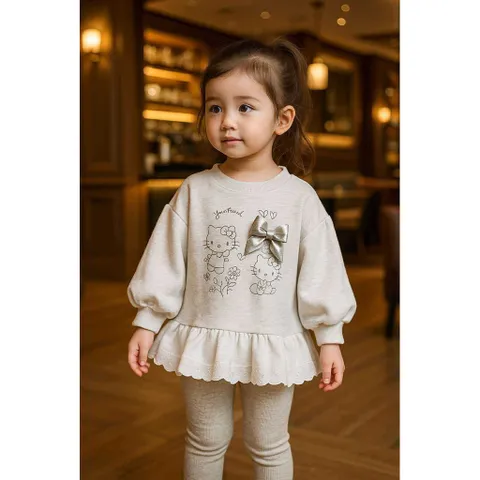 Quần áo thu đông bé gái, Set bộ áo nỉ 2 da phối ren nổi kèm quần legging phong cách Hàn Quốc cho bé 9–26kg