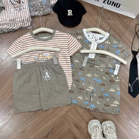Quần áo bé trai, set bộ cộc tay chất cotton xước hoạ tiết ô tô cho bé size 9-26kg