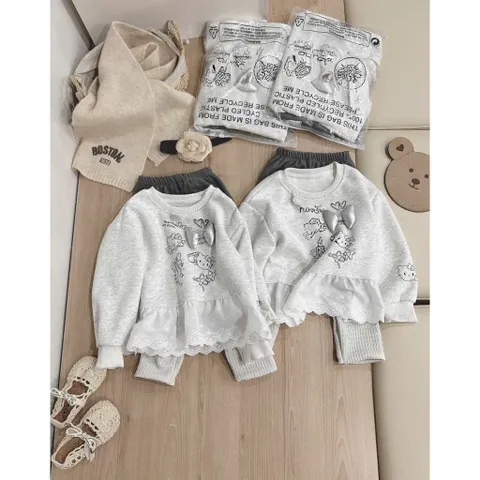 Quần áo thu đông bé gái, Set bộ áo nỉ 2 da phối ren nổi kèm quần legging phong cách Hàn Quốc cho bé 9–26kg