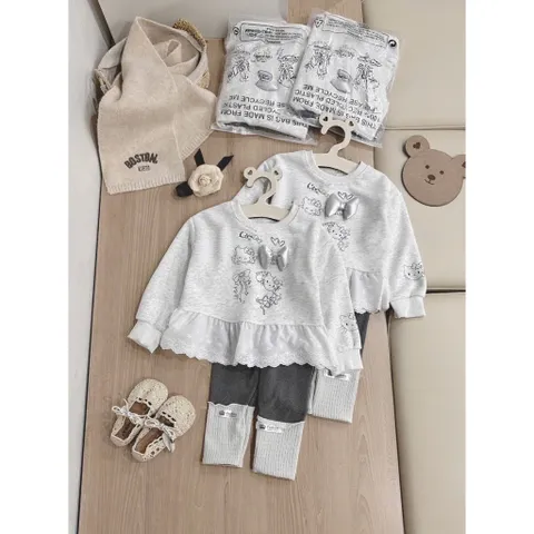 Quần áo thu đông bé gái, Set bộ áo nỉ 2 da phối ren nổi kèm quần legging phong cách Hàn Quốc cho bé 9–26kg