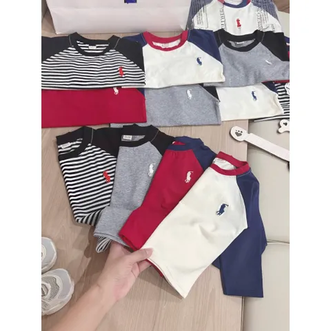 Áo thun bé trai, áo thun dài tay Raglan thêu ngựa cho bé 7-27kg