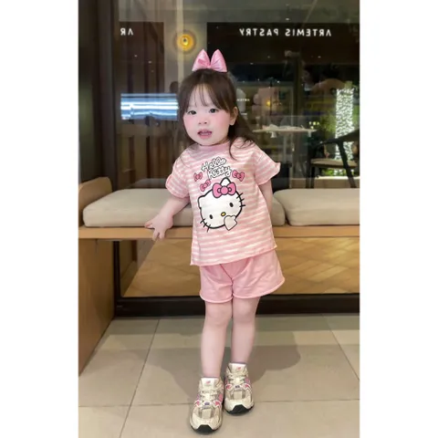 Đồ bộ cotton bé gái, set bộ quần áo cộc tay Hello Kitty mềm mát cho bé 9-26kg