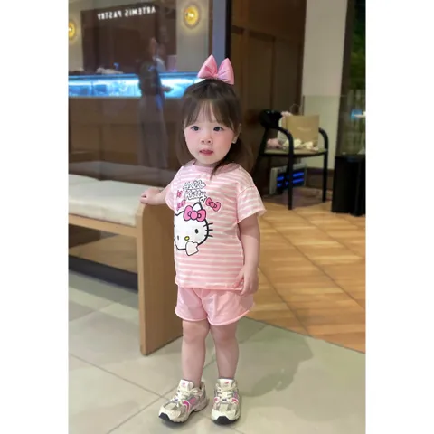 Đồ bộ cotton bé gái, set bộ quần áo cộc tay Hello Kitty mềm mát cho bé 9-26kg