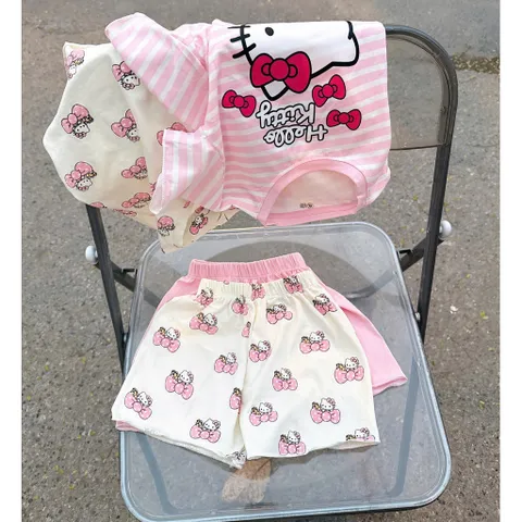 Đồ bộ cotton bé gái, set bộ quần áo cộc tay Hello Kitty mềm mát cho bé 9-26kg