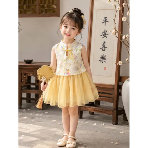 Hàng loại 1- Váy bé gái, set áo gấm hoa nhẹ nhàng kèm chân váy voan tơ phong cách Trung Hoa cho bé 9-26kg