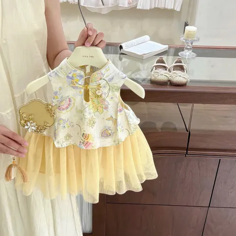 Hàng loại 1- Váy bé gái, set áo gấm hoa nhẹ nhàng kèm chân váy voan tơ phong cách Trung Hoa cho bé 9-26kg