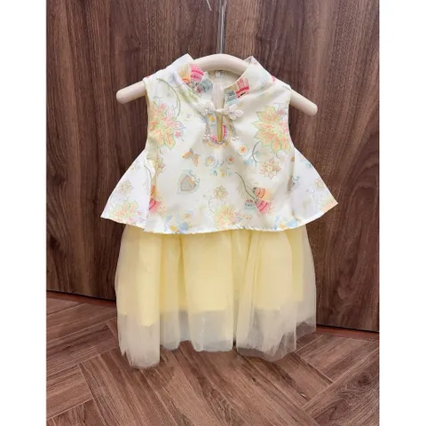 Hàng loại 1- Váy bé gái, set áo gấm hoa nhẹ nhàng kèm chân váy voan tơ phong cách Trung Hoa cho bé 9-26kg