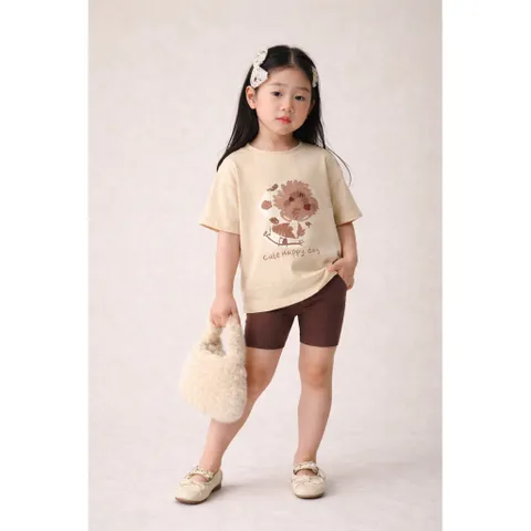Đồ bộ cotton bé gái, set bộ áo cộc tay hoạ tiết chú chó lông xù lết hợp quần legging đùi cho bé 9-26kg