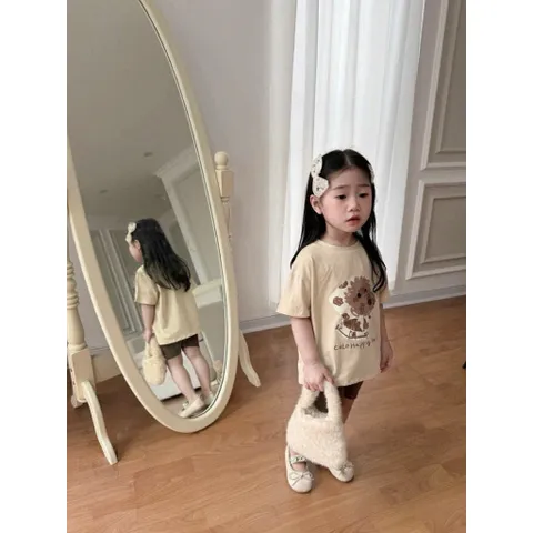 Đồ bộ cotton bé gái, set bộ áo cộc tay hoạ tiết chú chó lông xù lết hợp quần legging đùi cho bé 9-26kg