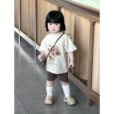 Đồ bộ cotton bé gái, set bộ áo cộc tay hoạ tiết chú chó lông xù lết hợp quần legging đùi cho bé 9-26kg