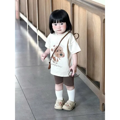 Đồ bộ cotton bé gái, set bộ áo cộc tay hoạ tiết chú chó lông xù lết hợp quần legging đùi cho bé 9-26kg