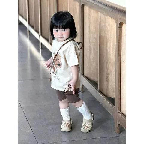 Đồ bộ cotton bé gái, set bộ áo cộc tay hoạ tiết chú chó lông xù lết hợp quần legging đùi cho bé 9-26kg