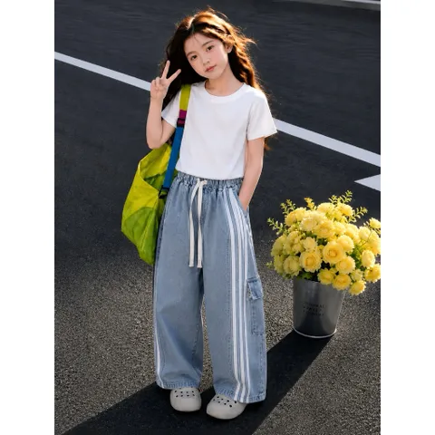 Quần dài bé gái, quần jean suông chạy sọc 2 bên cho bé 10-32kg