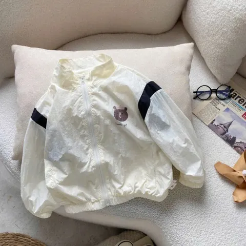 Áo khoác nhẹ cho bé, áo khoác gió cổ trụ hình gấu cho bé trai, bé gái size 10-30kg