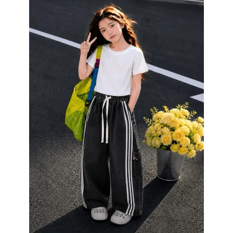 Quần dài bé gái, quần jean suông chạy sọc 2 bên cho bé 10-32kg
