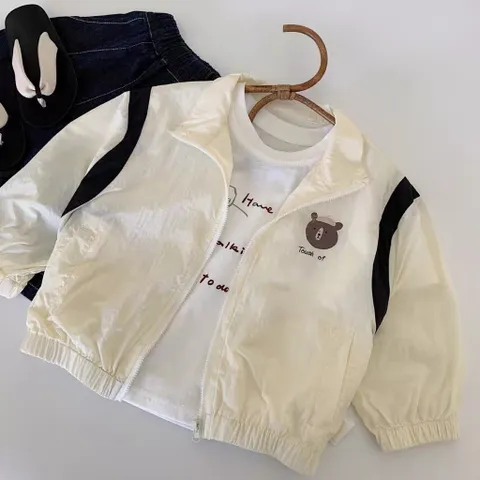 Áo khoác nhẹ cho bé, áo khoác gió cổ trụ hình gấu cho bé trai, bé gái size 10-30kg