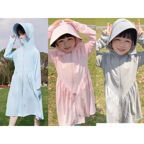 Áo chống nắng trẻ em, áo chống nắng dáng dài mũ vành rộng cho bé 10-38kg
