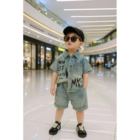 Quần áo bé trai, set bộ áo sơ mi Jean chữ kèm quần Short cho bé 10-30kg