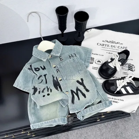 Quần áo bé trai, set bộ áo sơ mi Jean chữ kèm quần Short cho bé 10-30kg