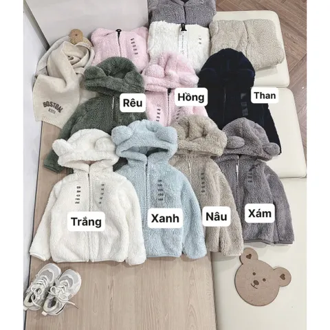 Áo khoác lông tai gấu dày dặn, ấm áp cho bé trai và bé gái 8-20kg