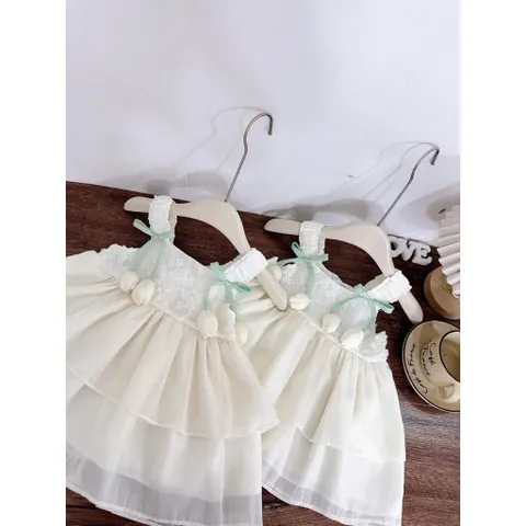 Váy bé gái, váy tơ ren 2 dây mềm mát gắn sticker cho bé 10-30kg