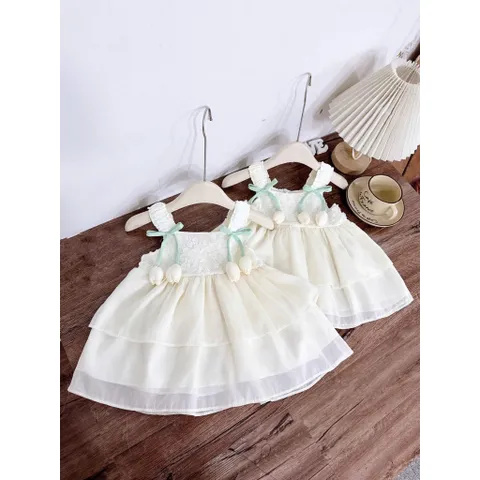 Váy bé gái, váy tơ ren 2 dây mềm mát gắn sticker cho bé 10-30kg