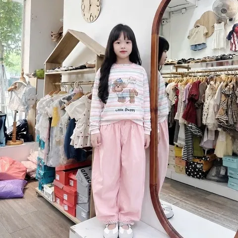 Quần áo thu đông bé gái, set bộ áo cotton giấy kẻ sọc kèm quần gió mềm dáng thụng thoải mái cho bé 15-37kg