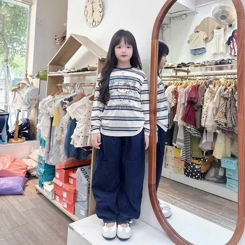 Quần áo thu đông bé gái, set bộ áo cotton giấy kẻ sọc kèm quần gió mềm dáng thụng thoải mái cho bé 15-37kg