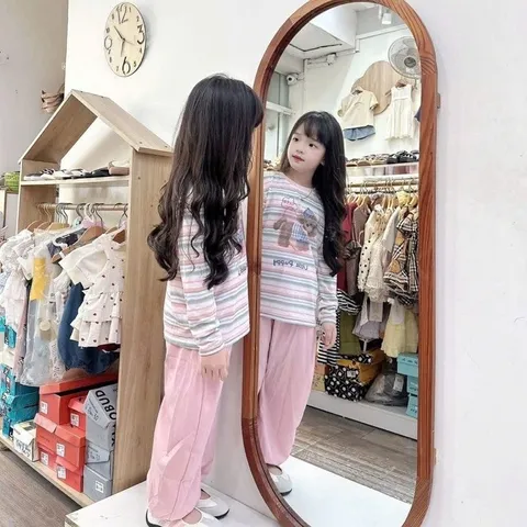 Quần áo thu đông bé gái, set bộ áo cotton giấy kẻ sọc kèm quần gió mềm dáng thụng thoải mái cho bé 15-37kg
