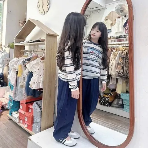 Quần áo thu đông bé gái, set bộ áo cotton giấy kẻ sọc kèm quần gió mềm dáng thụng thoải mái cho bé 15-37kg