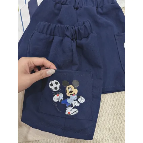 Set bộ bé trai, set bộ áo cotton có cổ Mickey kèm quần short kaki chéo tặng mũ cho bé 9-26kg