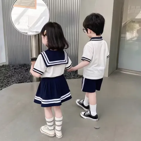 Đồng phục học sinh, đồng phục học sinh tiểu học, cặp đồng phục bé trai bé gái cổ hải quân cho bé 10-34kg
