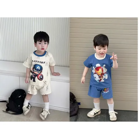 Quần áo bé trai, set bộ cộc tay chất cotton siêu nhân người sắt và đội trưởng Mỹ cho bé 9-26kg