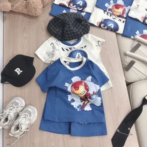 Quần áo bé trai, set bộ cộc tay chất cotton siêu nhân người sắt và đội trưởng Mỹ cho bé 9-26kg