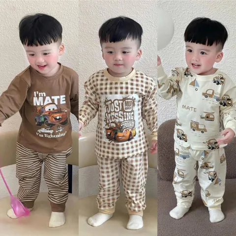 Quần áo thu đông bé trai, set bộ dài tay chất cottob hoan tiết hoạt hình Mate và xe kéo vui nhộn cho bé 8-27kg