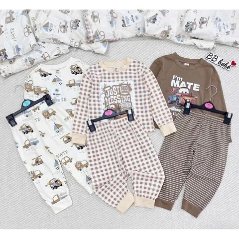 Quần áo thu đông bé trai, set bộ dài tay chất cottob hoan tiết hoạt hình Mate và xe kéo vui nhộn cho bé 8-27kg