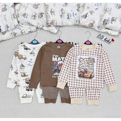 Quần áo thu đông bé trai, set bộ dài tay chất cottob hoan tiết hoạt hình Mate và xe kéo vui nhộn cho bé 8-27kg