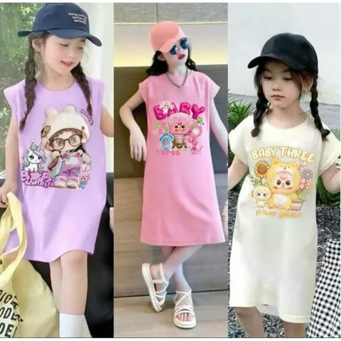 Váy bé gái, váy cotton sát nách dáng suông họa tiết Baby Three cho bé 10-35kg