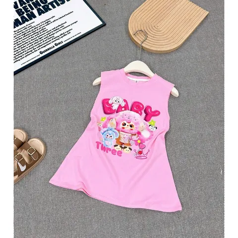 Váy bé gái, váy cotton sát nách dáng suông họa tiết Baby Three cho bé 10-35kg