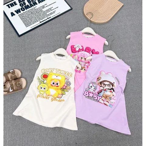 Váy bé gái, váy cotton sát nách dáng suông họa tiết Baby Three cho bé 10-35kg