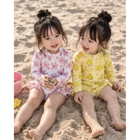 Bikini cho bé gái, set đồ bơi liền thân dài tay hoạ tiết hoa và gà con chất su dày dặn cho bé 9-26kg