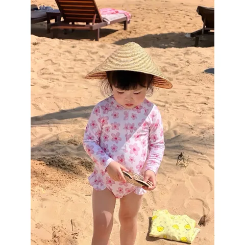 Bikini cho bé gái, set đồ bơi liền thân dài tay hoạ tiết hoa và gà con chất su dày dặn cho bé 9-26kg