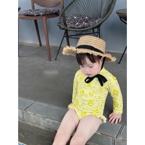 Bikini cho bé gái, set đồ bơi liền thân dài tay hoạ tiết hoa và gà con chất su dày dặn cho bé 9-26kg