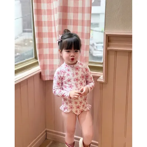 Bikini cho bé gái, set đồ bơi liền thân dài tay hoạ tiết hoa và gà con chất su dày dặn cho bé 9-26kg