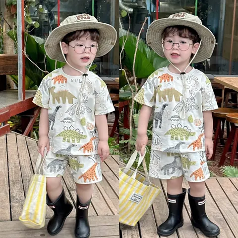 Quần áo bé trai, set bộ cộc tay chất cotton hoạ tiết khủng long cho bé từ 9-26kg