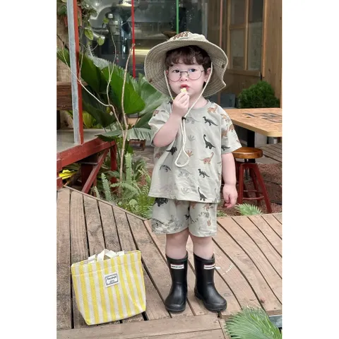 Quần áo bé trai, set bộ cộc tay chất cotton hoạ tiết khủng long cho bé từ 9-26kg