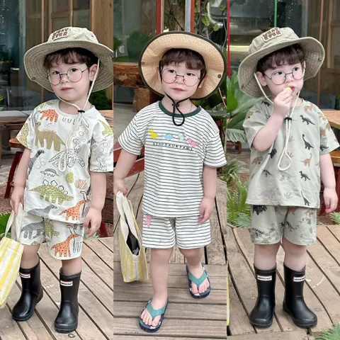 Quần áo bé trai, set bộ cộc tay chất cotton hoạ tiết khủng long cho bé từ 9-26kg