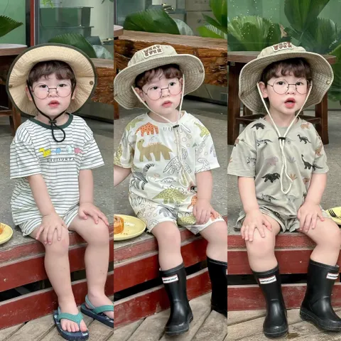 Quần áo bé trai, set bộ cộc tay chất cotton hoạ tiết khủng long cho bé từ 9-26kg