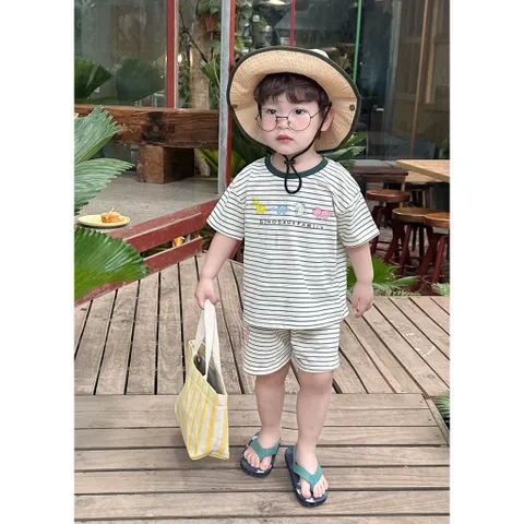 Quần áo bé trai, set bộ cộc tay chất cotton hoạ tiết khủng long cho bé từ 9-26kg